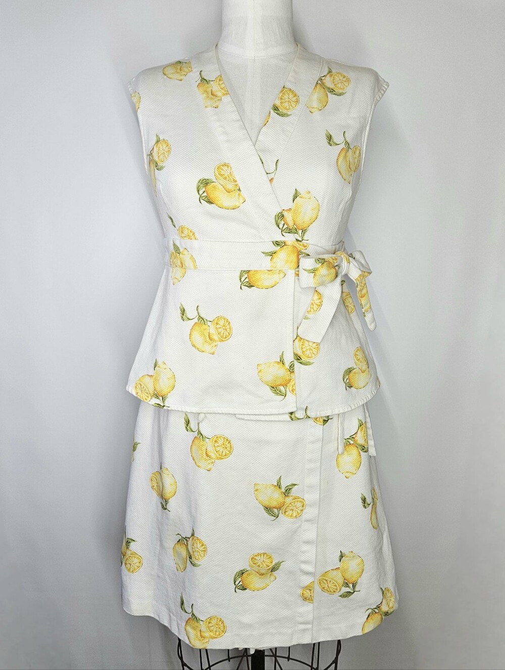 Kooky by Caron Sz M 2-Piece Wrap Vest Skirt Suit Set Vintage Lemons 100% Cotton